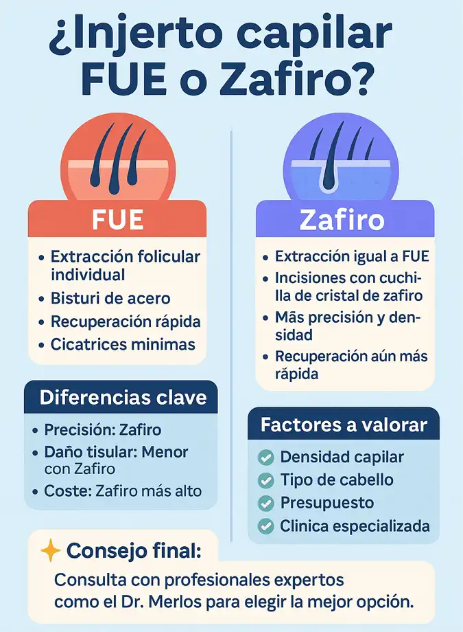 Cómo elegir entre injerto capilar FUE o Zafiro infografía