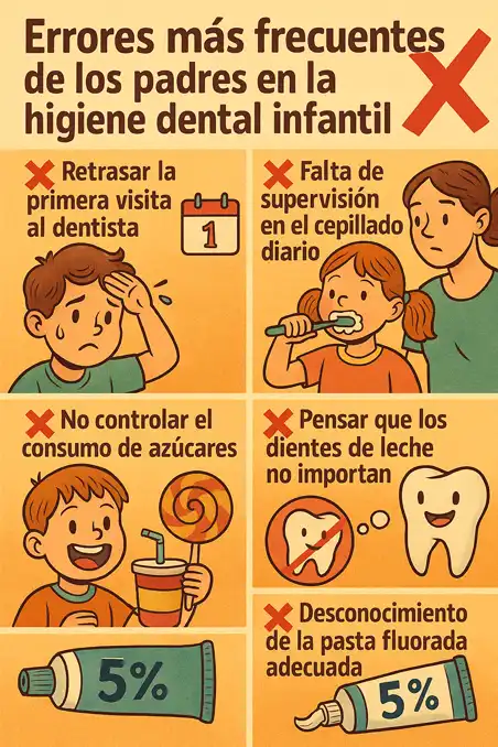 Errores comunes de los padres en la higiene dental infantil infografía
