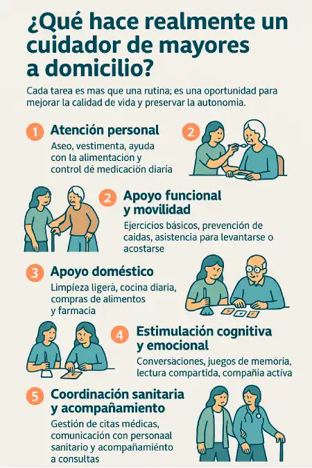 qué hace realmente un cuidador de mayores a domicilio infografía