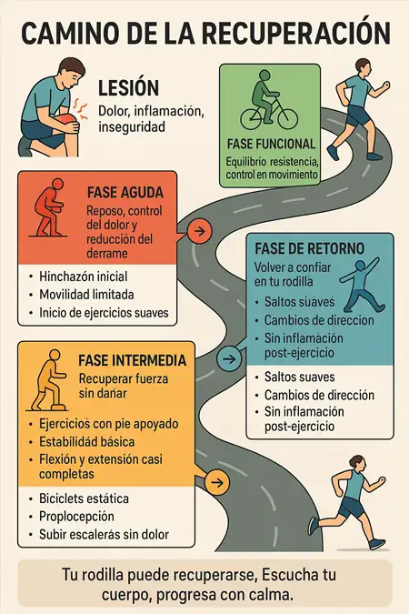 infografía sobre el camino de la recuperación de la rodilla