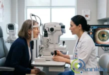 Preparación y evaluación previa a una cirugía de cataratas en consulta oftalmológica.