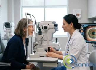 Preparación y evaluación previa a una cirugía de cataratas en consulta oftalmológica.