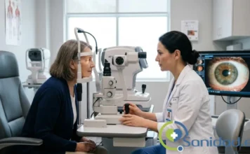 Preparación y evaluación previa a una cirugía de cataratas en consulta oftalmológica.