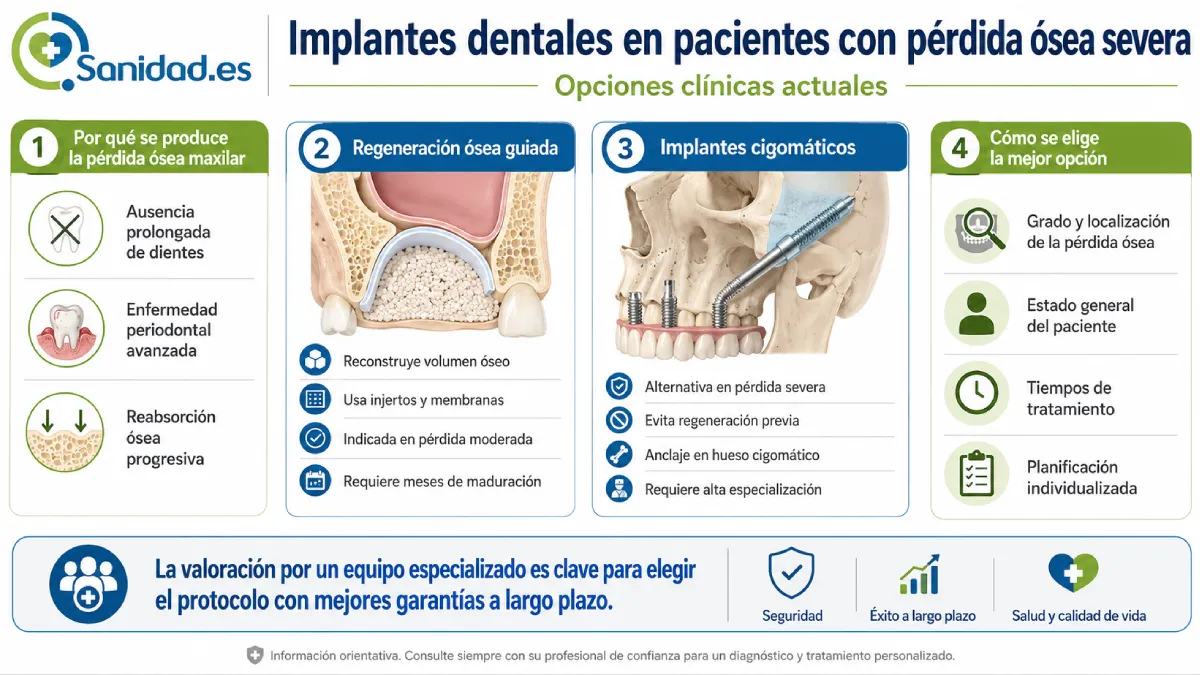 implantes dentales en pacientes con pérdida ósea severa infografía