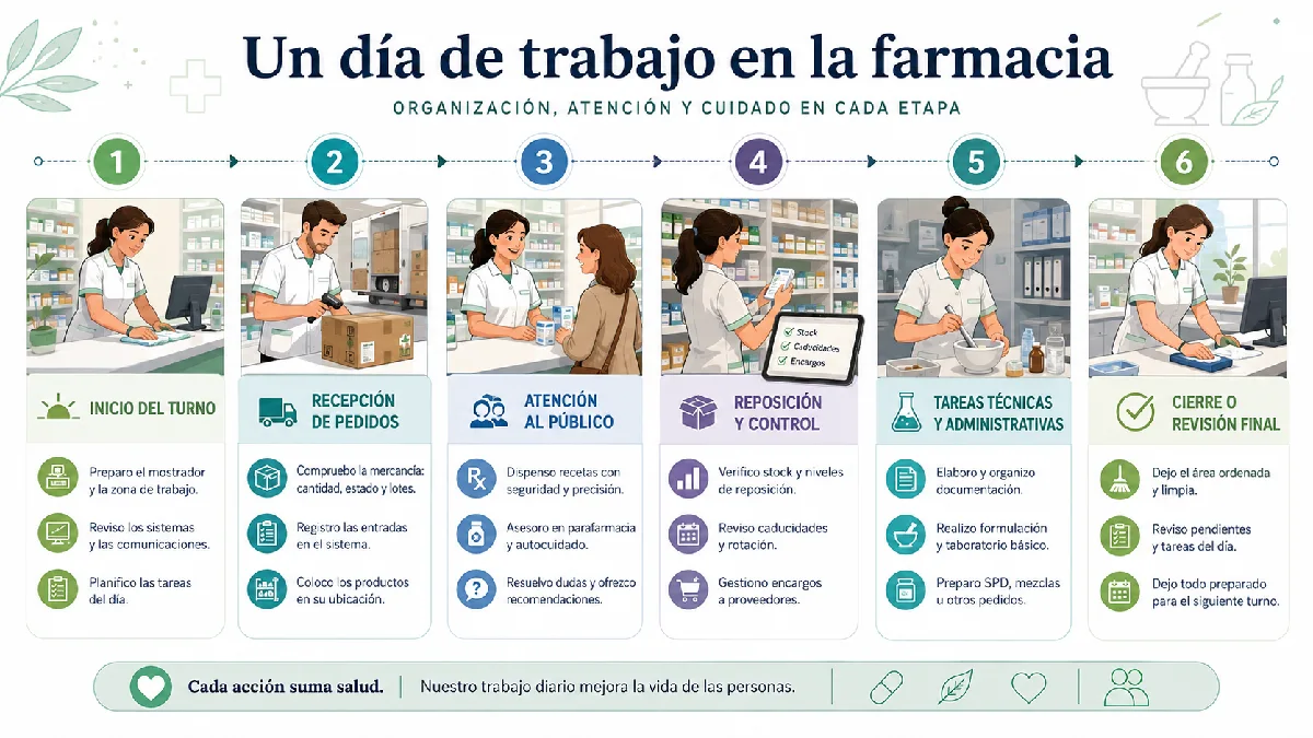 un día de trabajo en la farmacia infografía