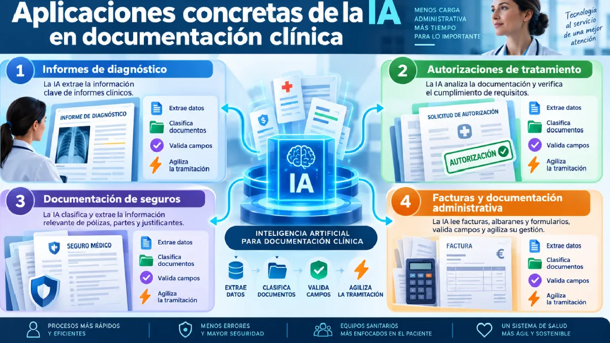 aplicaciones concretas de la IA en docujmentos clínica infografía